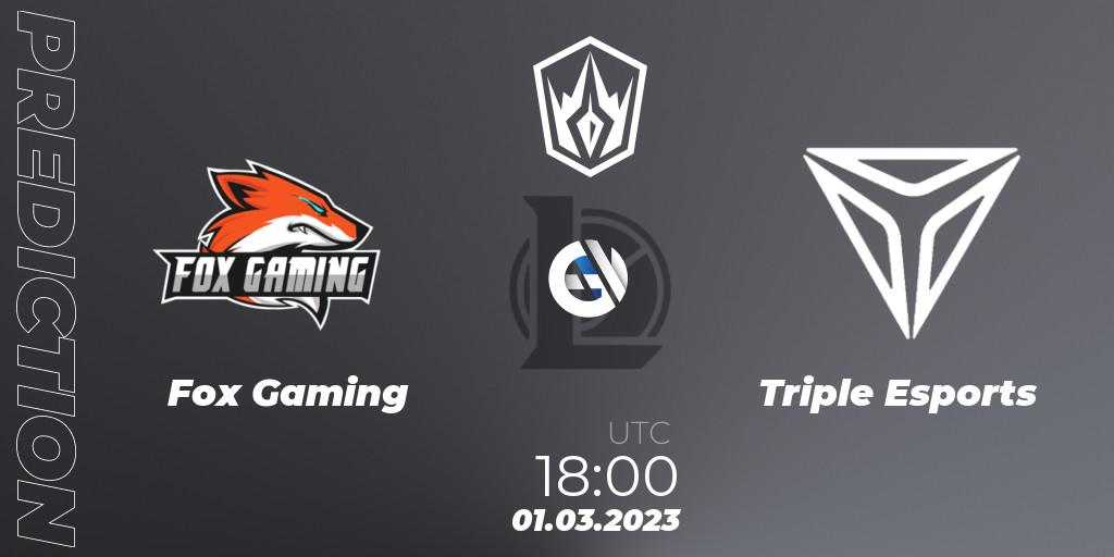 Fox Gaming contre Triple Esports : prédiction de match. 01.03.2023 at 18:30. LoL, Arabian League Spring 2023