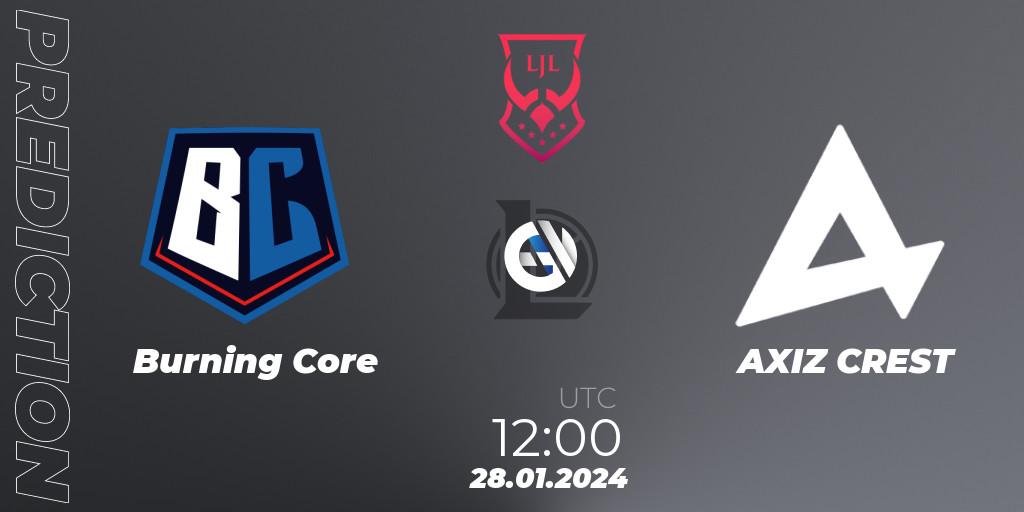 Burning Core contre AXIZ CREST : prédiction de match. 28.01.2024 at 12:00. LoL, LJL 2024 Spring Group Stage