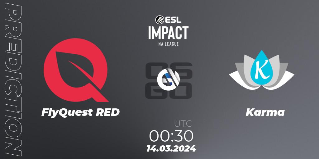 FlyQuest RED contre Karma : prédiction de match. 14.03.2024 at 00:30. Counter-Strike (CS2), ESL Impact League Season 5: North America