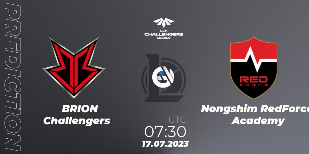 BRION Challengers contre Nongshim RedForce Academy : prédiction de match. 17.07.2023 at 08:00. LoL, LCK Challengers League 2023 Summer - Group Stage
