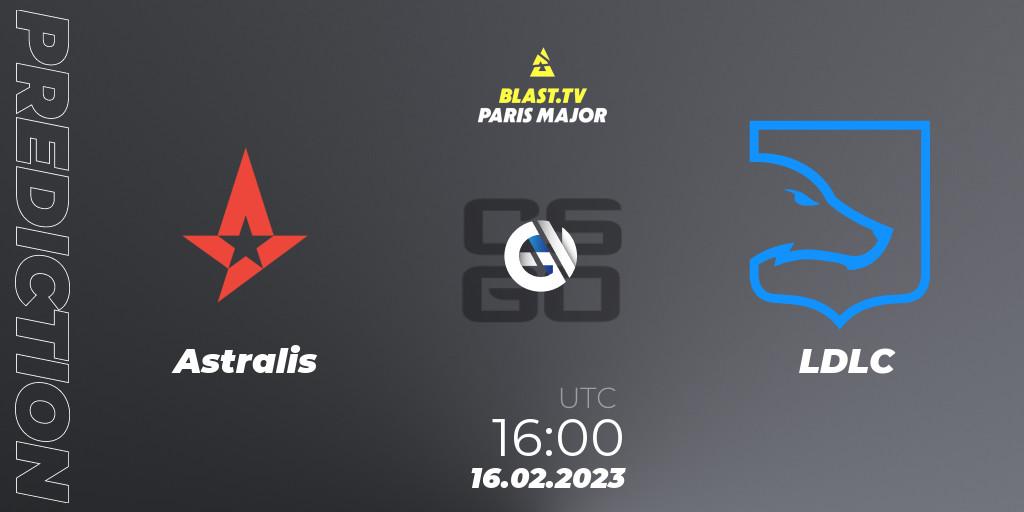 Astralis contre LDLC : prédiction de match. 16.02.2023 at 16:00. Counter-Strike (CS2), BLAST.tv Paris Major 2023 Europe RMR Closed Qualifier A
