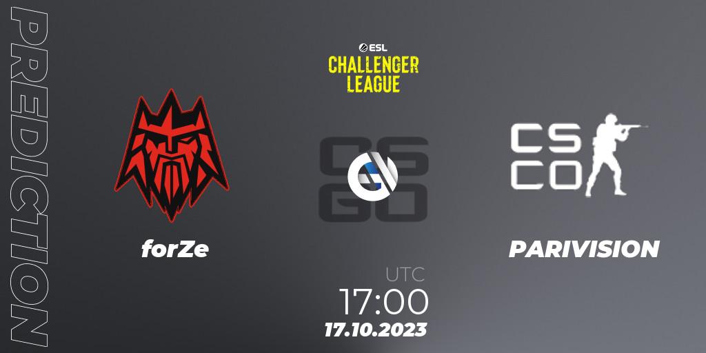 forZe contre PARIVISION : prédiction de match. 17.10.2023 at 17:00. Counter-Strike (CS2), ESL Challenger League Season 46: Europe