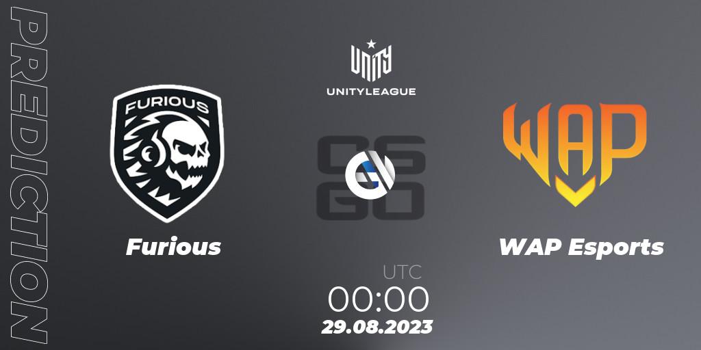 Furious contre WAP Esports : prédiction de match. 29.08.2023 at 01:00. Counter-Strike (CS2), LVP Unity League Argentina 2023