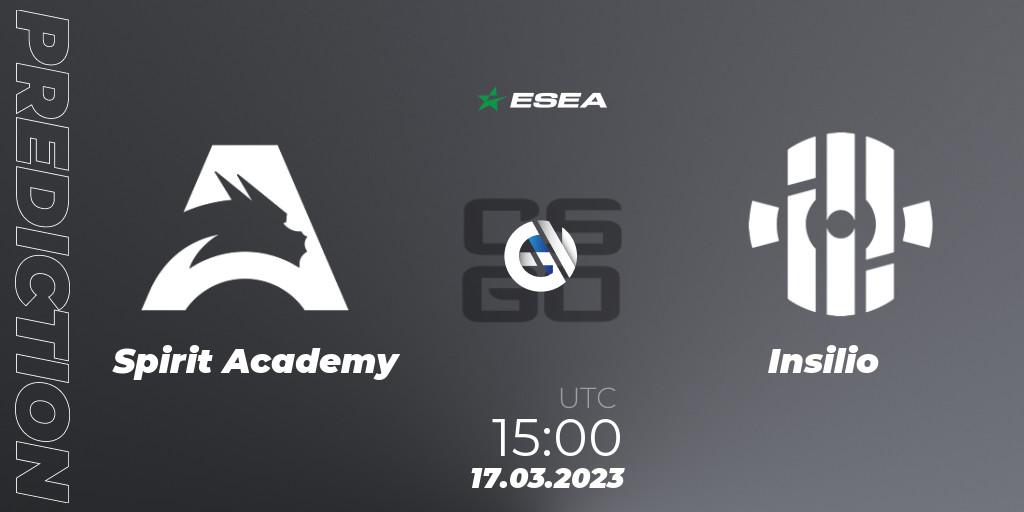 Spirit Academy contre Insilio : prédiction de match. 17.03.2023 at 15:00. Counter-Strike (CS2), ESEA Season 44: Advanced Division - Europe