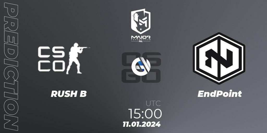 RUSH B contre EndPoint : prédiction de match. 11.01.2024 at 15:00. Counter-Strike (CS2), PGL CS2 Major Copenhagen 2024 Europe RMR Open Qualifier 2