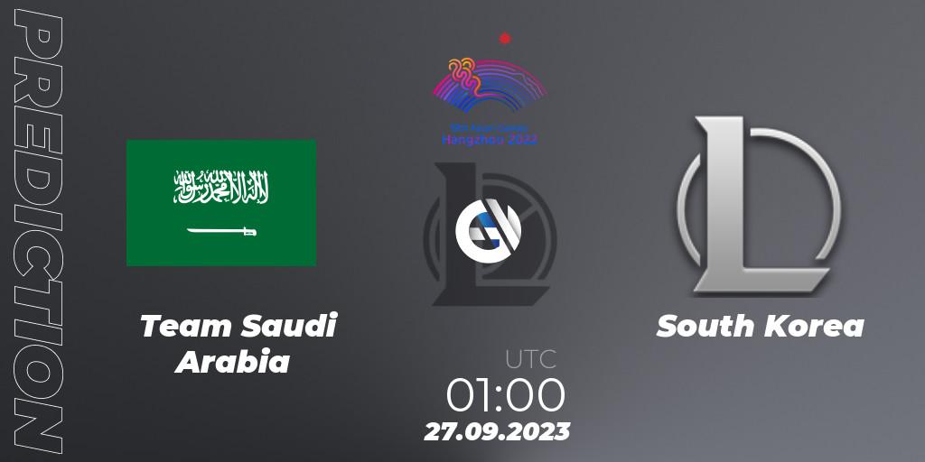 Team Saudi Arabia contre Korea Team : prédiction de match. 27.09.2023 at 01:00. LoL, 2022 Asian Games