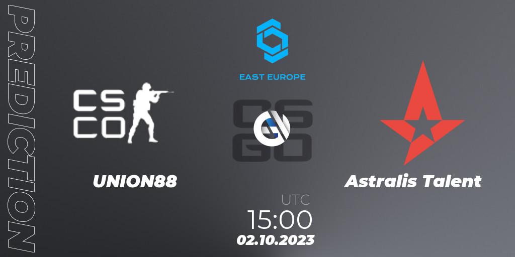 UNION88 contre Astralis Talent : prédiction de match. 02.10.2023 at 15:45. Counter-Strike (CS2), CCT East Europe Series #3: Closed Qualifier