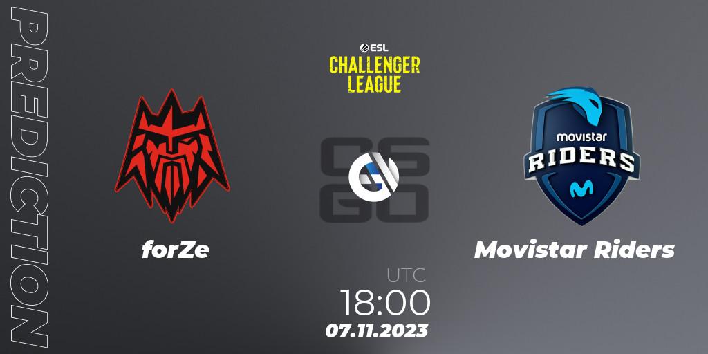 forZe contre Movistar Riders : prédiction de match. 07.11.2023 at 18:00. Counter-Strike (CS2), ESL Challenger League Season 46: Europe