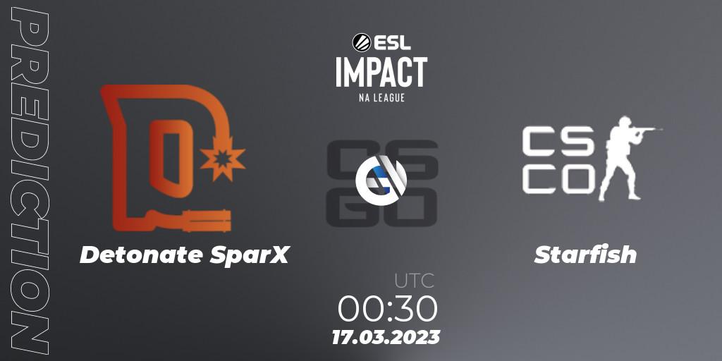Detonate SparX contre Starfish : prédiction de match. 17.03.2023 at 00:30. Counter-Strike (CS2), ESL Impact League Season 3: North American Division