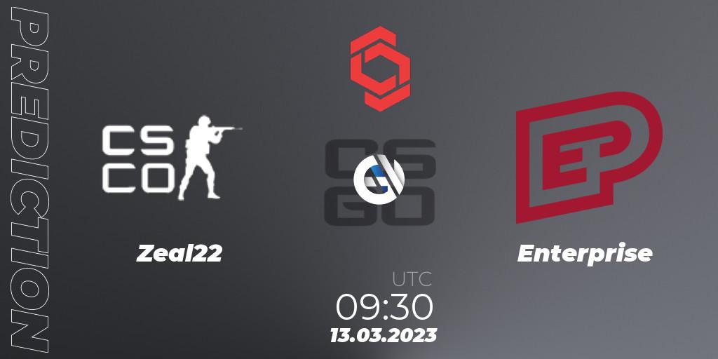 Zeal22 contre Enterprise : prédiction de match. 13.03.2023 at 09:30. Counter-Strike (CS2), CCT Central Europe Series 5 Closed Qualifier
