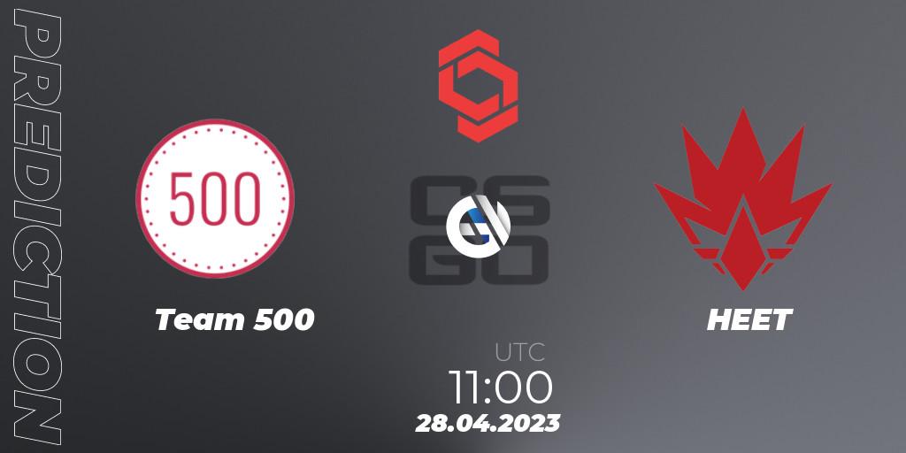 Team 500 contre HEET : prédiction de match. 28.04.2023 at 11:25. Counter-Strike (CS2), CCT Central Europe Series #6
