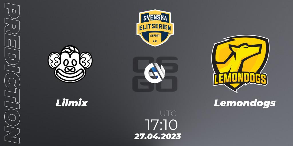 Lilmix contre Lemondogs : prédiction de match. 27.04.2023 at 17:10. Counter-Strike (CS2), Svenska Elitserien Spring 2023: Online Stage