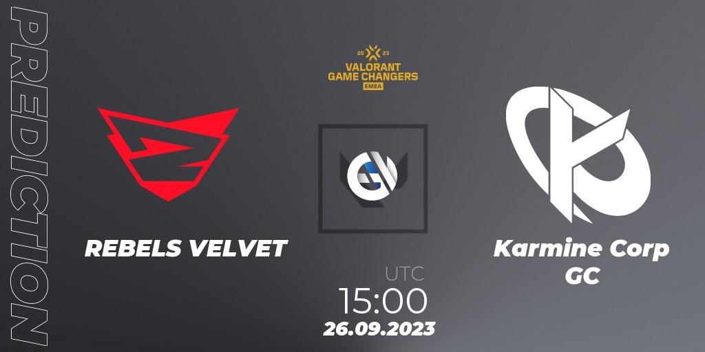 REBELS VELVET contre Karmine Corp GC : prédiction de match. 26.09.2023 at 15:00. VALORANT, VCT 2023: Game Changers EMEA Stage 3 - Group Stage