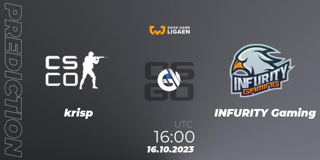 krisp contre INFURITY Gaming : prédiction de match. 23.10.2023 at 16:00. Counter-Strike (CS2), Good Game-ligaen Fall 2023: Regular Season