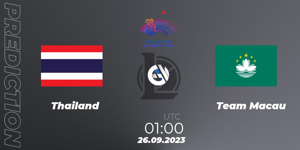Thailand contre Team Macau : prédiction de match. 26.09.2023 at 01:00. LoL, 2022 Asian Games