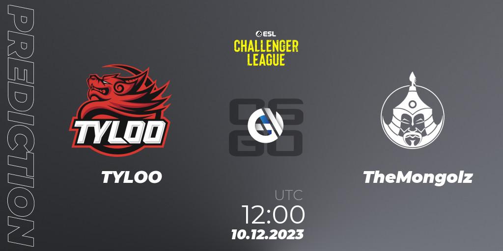 TYLOO contre TheMongolz : prédiction de match. 10.12.2023 at 12:00. Counter-Strike (CS2), ESL Challenger League Season 46: Asia-Pacific