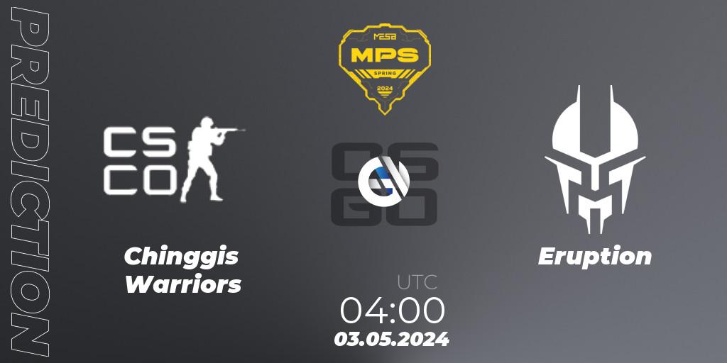 Chinggis Warriors contre Eruption : prédiction de match. 03.05.2024 at 04:00. Counter-Strike (CS2), MESA Pro Series: Spring 2024