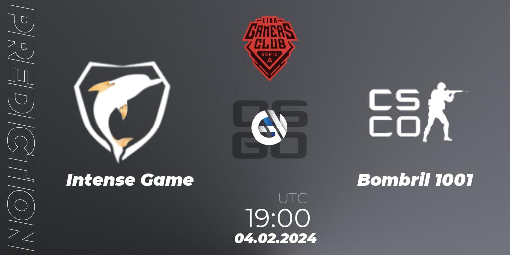 Intense Game contre Bombril 1001 : prédiction de match. 04.02.2024 at 19:00. Counter-Strike (CS2), Gamers Club Liga Série A: January 2024