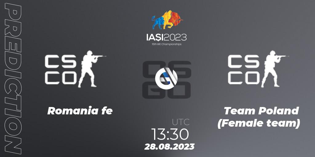 Romania fe contre Team Poland (Female team) : prédiction de match. 28.08.2023 at 14:40. Counter-Strike (CS2), IESF Female World Esports Championship 2023