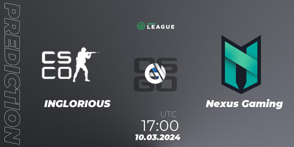 INGLORIOUS contre Nexus Gaming : prédiction de match. 10.03.24. CS2 (CS:GO), ESEA Season 48: Advanced Division - Europe