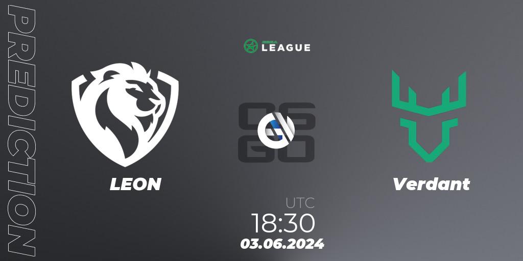 LEON contre Verdant : prédiction de match. 03.06.2024 at 18:30. Counter-Strike (CS2), ESEA Season 49: Advanced Division - Europe