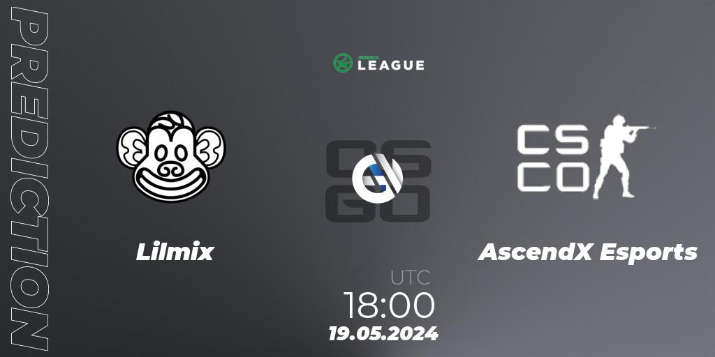 Lilmix contre AscendX Esports : prédiction de match. 19.05.2024 at 18:00. Counter-Strike (CS2), ESEA Season 49: Advanced Division - Europe