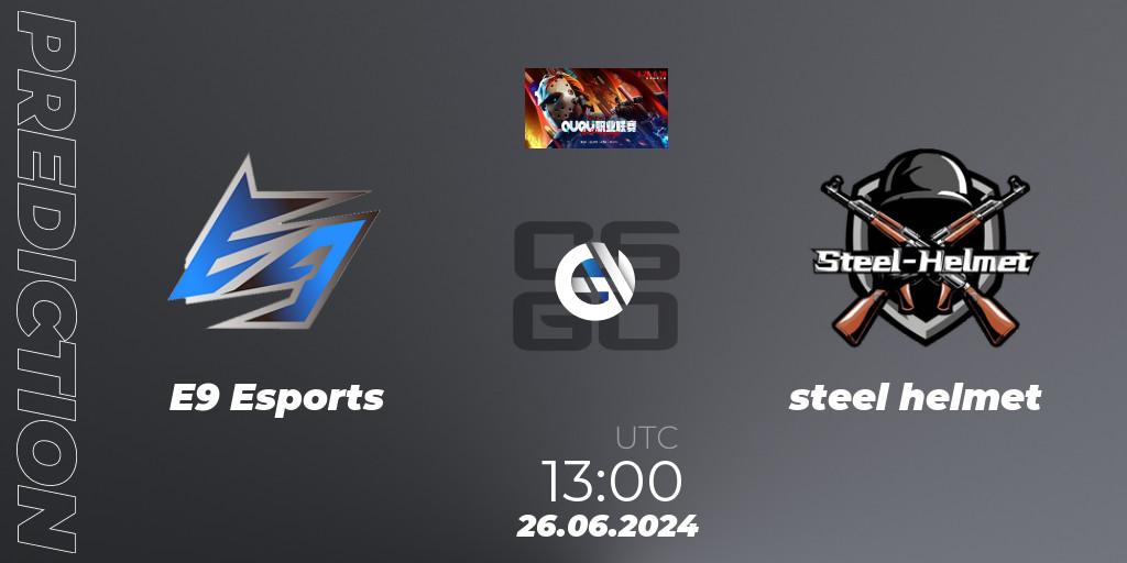 E9 Esports contre steel helmet : prédiction de match. 26.06.2024 at 13:00. Counter-Strike (CS2), QU Pro League