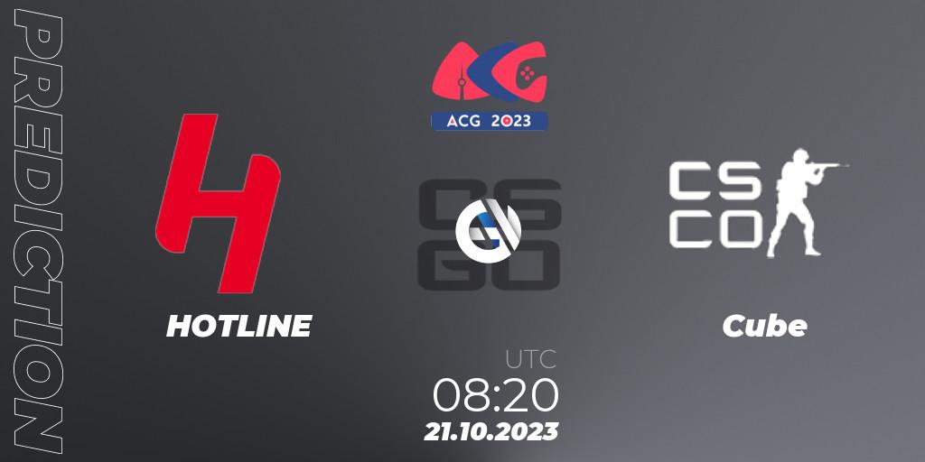 HOTLINE contre Cube : prédiction de match. 21.10.2023 at 08:20. Counter-Strike (CS2), Almaty Cyber Games 2023