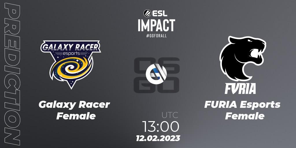Galaxy Racer Female contre FURIA Esports Female : prédiction de match. 12.02.2023 at 12:00. Counter-Strike (CS2), ESL Impact Katowice 2023