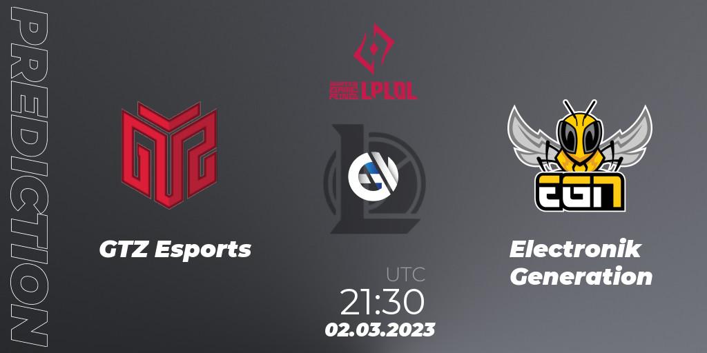 GTZ Esports contre Electronik Generation : prédiction de match. 02.03.2023 at 21:30. LoL, LPLOL Split 1 2023 - Group Stage