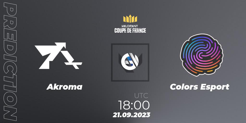 Akroma contre Colors Esport : prédiction de match. 21.09.2023 at 18:00. VALORANT, VCL France: Revolution - Coupe De France 2023