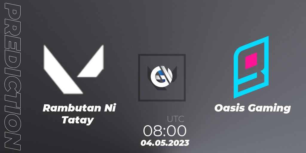 Rambutan Ni Tatay contre Oasis Gaming : prédiction de match. 04.05.2023 at 08:00. VALORANT, VALORANT Challengers 2023: Philippines Split 2 - Group stage