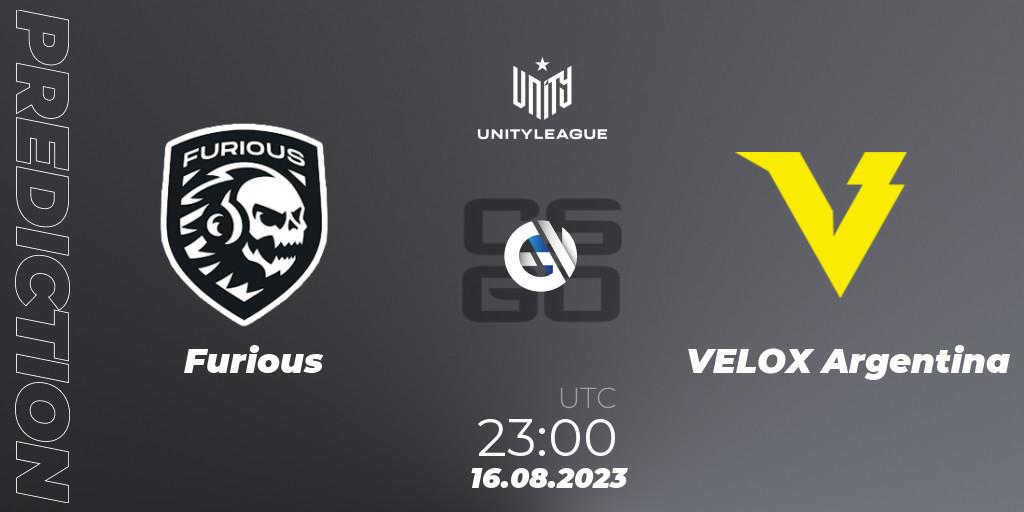 Furious contre VELOX Argentina : prédiction de match. 16.08.2023 at 23:00. Counter-Strike (CS2), LVP Unity League Argentina 2023