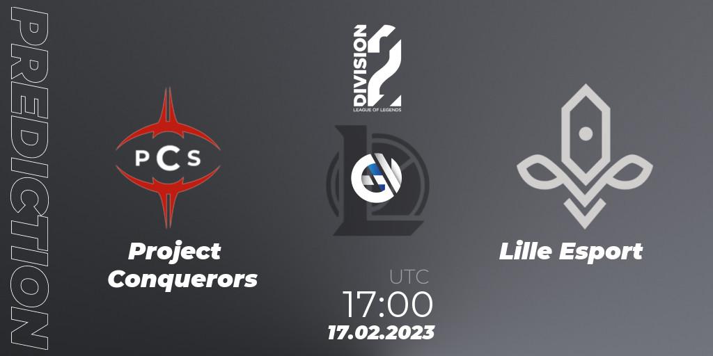 Project Conquerors contre Lille Esport : prédiction de match. 17.02.2023 at 17:00. LoL, LFL Division 2 Spring 2023 - Group Stage