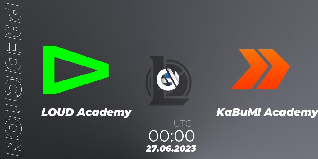 LOUD Academy contre KaBuM! Academy : prédiction de match. 27.06.2023 at 00:15. LoL, CBLOL Academy Split 2 2023 - Group Stage
