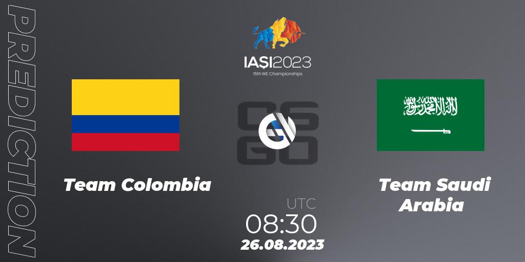 Team Colombia contre Team Saudi Arabia : prédiction de match. 26.08.2023 at 12:30. Counter-Strike (CS2), IESF World Esports Championship 2023