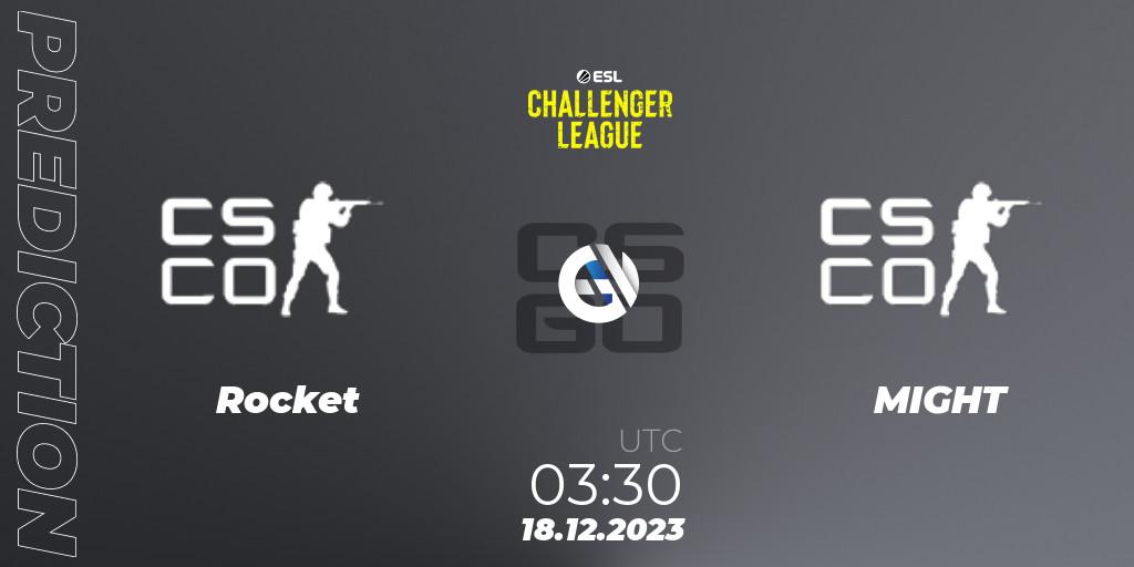 Rocket contre MIGHT : prédiction de match. 18.12.2023 at 03:30. Counter-Strike (CS2), ESL Challenger League Season 46 Relegation: North America