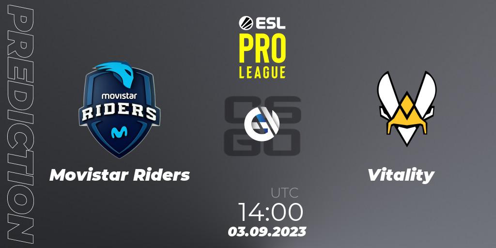 Movistar Riders contre Vitality : prédiction de match. 03.09.2023 at 14:00. Counter-Strike (CS2), ESL Pro League Season 18