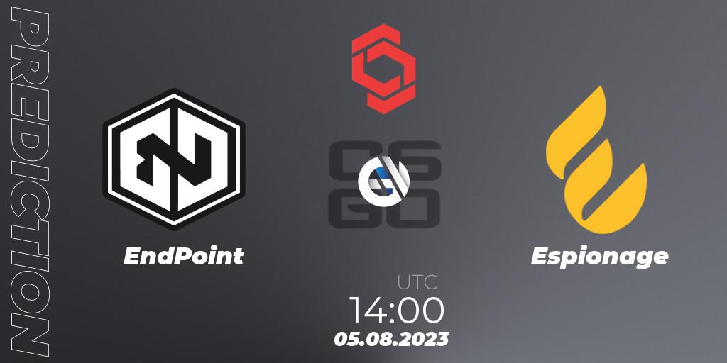 EndPoint contre Espionage : prédiction de match. 05.08.2023 at 14:00. Counter-Strike (CS2), CCT Central Europe Series #7