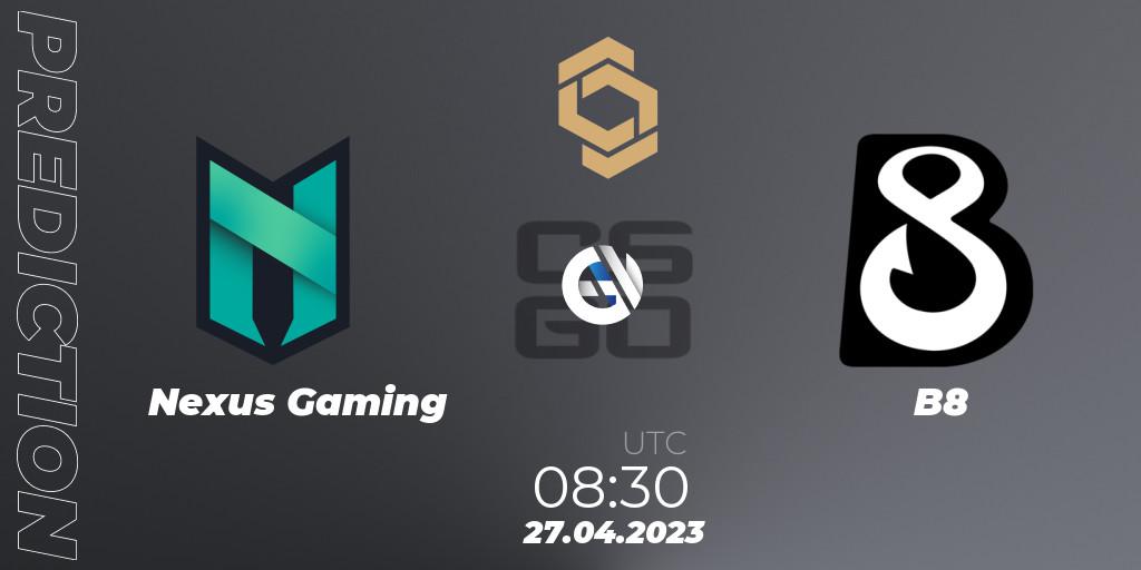 Nexus Gaming contre B8 : prédiction de match. 27.04.2023 at 08:30. Counter-Strike (CS2), CCT South Europe Series #4