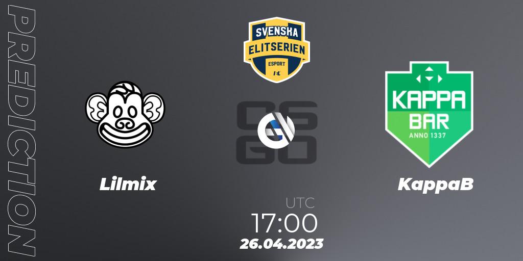 Lilmix contre KappaB : prédiction de match. 26.04.2023 at 17:00. Counter-Strike (CS2), Svenska Elitserien Spring 2023: Online Stage