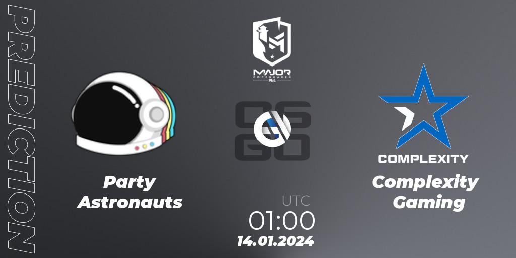 Party Astronauts contre Complexity Gaming : prédiction de match. 14.01.2024 at 01:15. Counter-Strike (CS2), PGL CS2 Major Copenhagen 2024 North America RMR Closed Qualifier