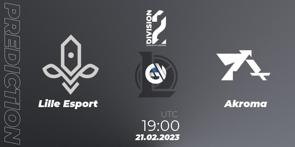 Lille Esport contre Akroma : prédiction de match. 21.02.2023 at 19:00. LoL, LFL Division 2 Spring 2023 - Group Stage