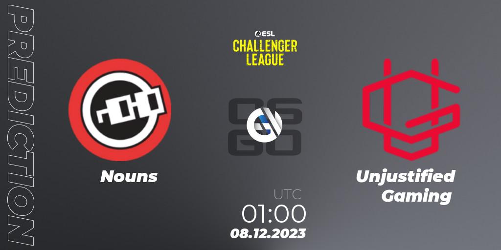 Nouns contre Unjustified Gaming : prédiction de match. 08.12.2023 at 01:00. Counter-Strike (CS2), ESL Challenger League Season 46: North America
