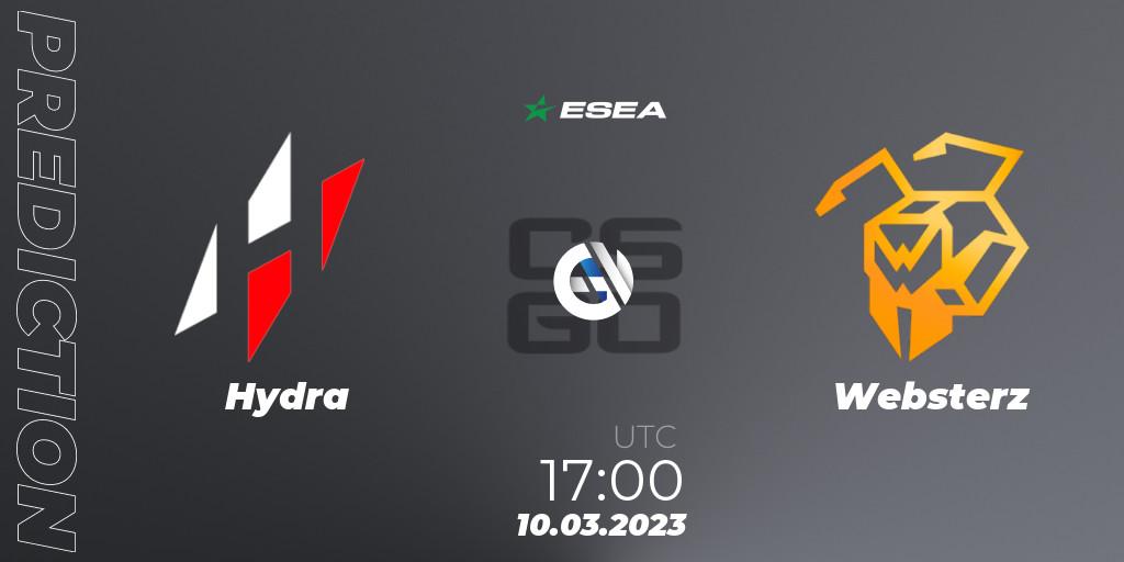 Hydra contre Websterz : prédiction de match. 10.03.2023 at 17:00. Counter-Strike (CS2), ESEA Season 44: Advanced Division - Europe