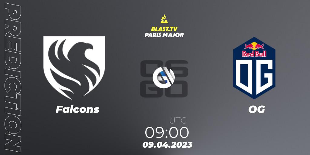 Falcons contre OG : prédiction de match. 09.04.2023 at 09:00. Counter-Strike (CS2), BLAST.tv Paris Major 2023 Europe RMR A