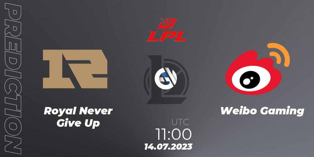 Royal Never Give Up contre Weibo Gaming : prédiction de match. 14.07.23. LoL, LPL Summer 2023 Regular Season