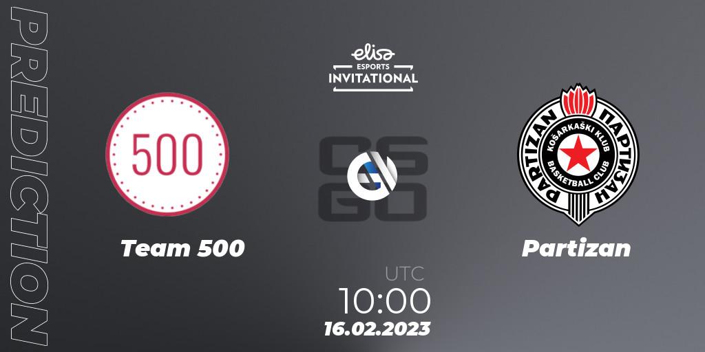 Team 500 contre Partizan : prédiction de match. 15.02.2023 at 10:00. Counter-Strike (CS2), Elisa Invitational Winter 2023