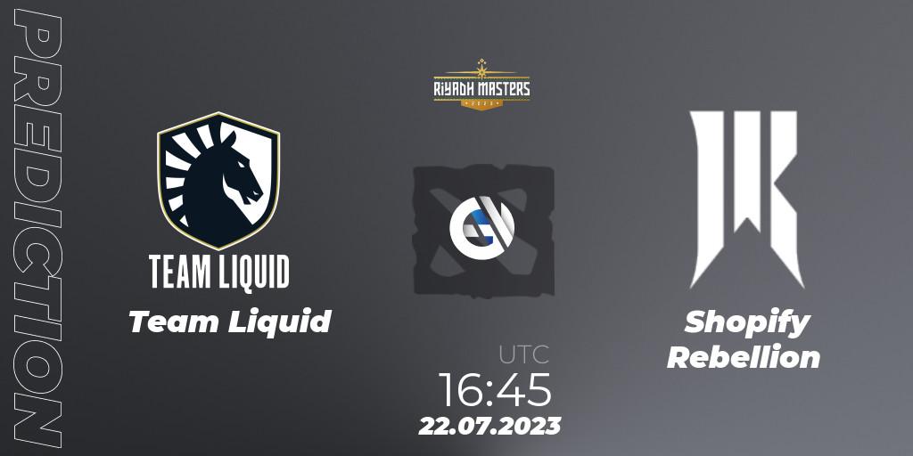 Team Liquid contre Shopify Rebellion : prédiction de match. 22.07.2023 at 16:53. Dota 2, Riyadh Masters 2023 - Group Stage