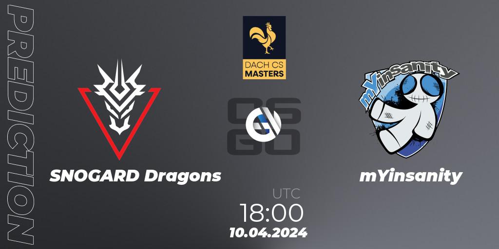 SNOGARD Dragons contre mYinsanity : prédiction de match. 10.04.2024 at 19:00. Counter-Strike (CS2), DACH CS Masters Season 1